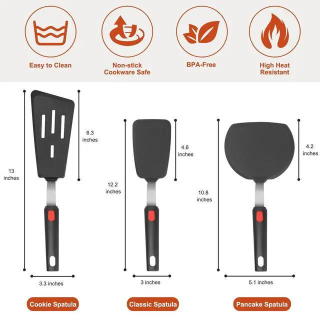 Alt view image 2 of 7 - Silicone Spatula Turner for Nonstick Cookware, Cooking Spatulas 600°F Heat Resistant Large Flexible Rubber Spatula Set of 3, Kitchen Utensils for Flipping Eggs, Burgers, Pancakes, Crepes