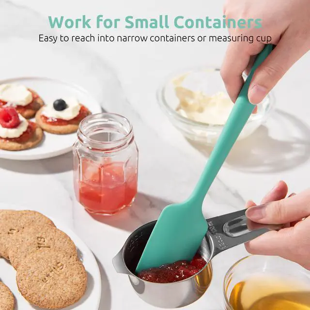 Alt view image 7 of 7 - Small Mini Silicone Spatula: 9×2inch 600ºF Heat-Resistant Food-Grade Jar Scraper for Kitchen Use, Non-Stick Seamless Flexible Baking Utensil for Mixing, Scraping Jam in Bowl or Cup (Aqua Sky)