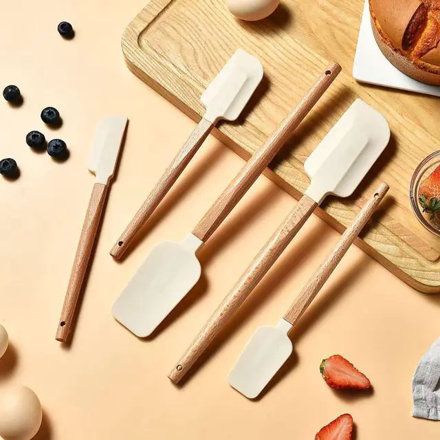 Alt view image 3 of 7 - Silicone Spatula Set 5-Piece, Food Grade Heat Resistant 600°F, Wooden Handle Kitchen Utensils for Non-Stick Cookware, BPA Free Baking & Cooking Scraper Set (White)
