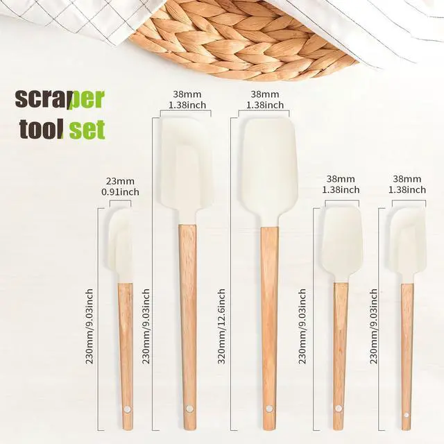 Alt view image 2 of 7 - Silicone Spatula Set 5-Piece, Food Grade Heat Resistant 600°F, Wooden Handle Kitchen Utensils for Non-Stick Cookware, BPA Free Baking & Cooking Scraper Set (White)