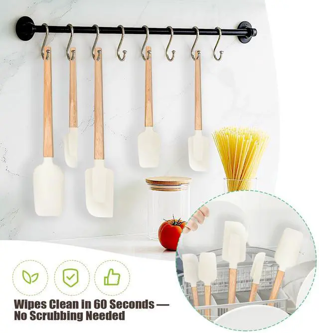 Alt view image 7 of 7 - Silicone Spatula Set 5-Piece, Food Grade Heat Resistant 600°F, Wooden Handle Kitchen Utensils for Non-Stick Cookware, BPA Free Baking & Cooking Scraper Set (White)