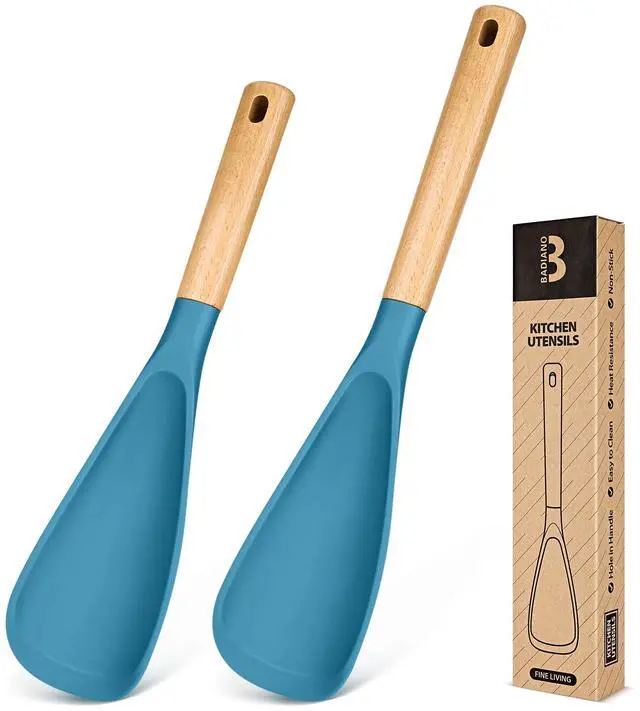 Main image of Multifunction Spoon for Nonstick Cookwares, Great for Cooking and Serving, Sturdy BPA-Free Matte Silicone, Wood Handle spoonula for Mixing, Scoop, and Scrape, Turquoise(2 pack,11.4" & 13.4")