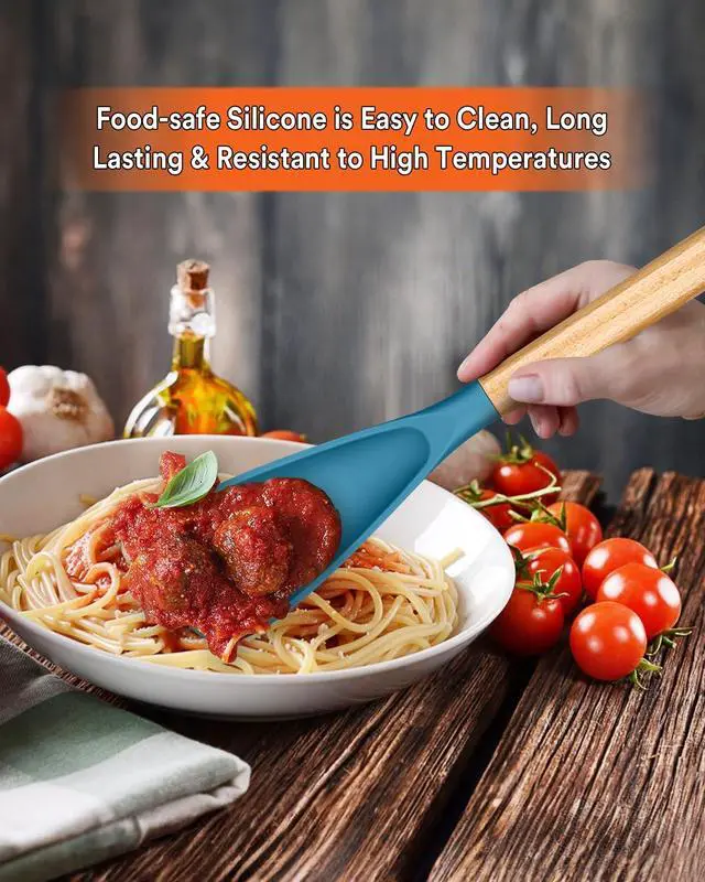Alt view image 3 of 7 - Multifunction Spoon for Nonstick Cookwares, Great for Cooking and Serving, Sturdy BPA-Free Matte Silicone, Wood Handle spoonula for Mixing, Scoop, and Scrape, Turquoise(2 pack,11.4" & 13.4")
