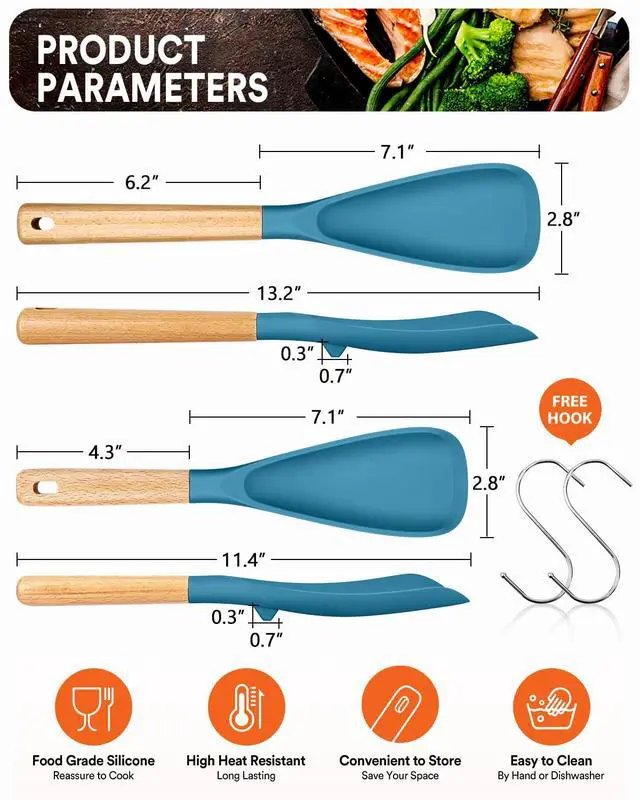 Alt view image 2 of 7 - Multifunction Spoon for Nonstick Cookwares, Great for Cooking and Serving, Sturdy BPA-Free Matte Silicone, Wood Handle spoonula for Mixing, Scoop, and Scrape, Turquoise(2 pack,11.4" & 13.4")