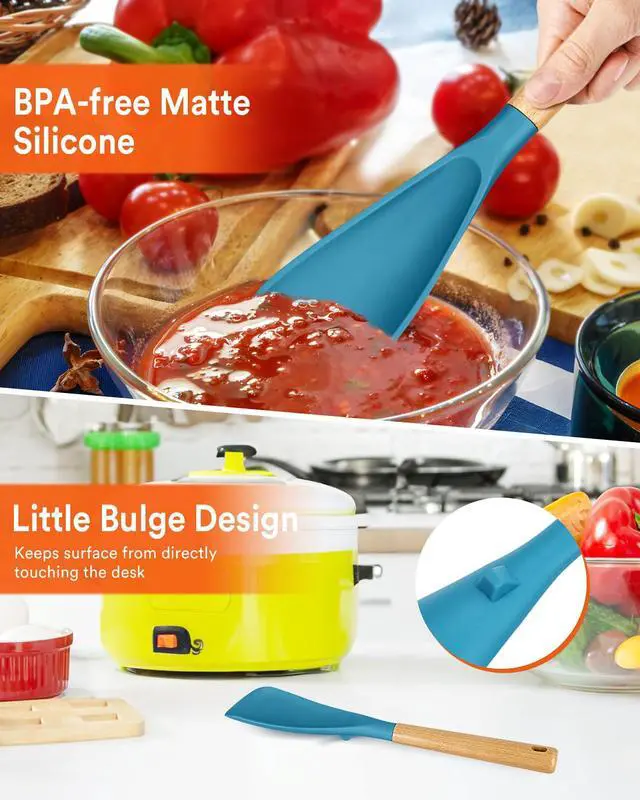 Alt view image 5 of 7 - Multifunction Spoon for Nonstick Cookwares, Great for Cooking and Serving, Sturdy BPA-Free Matte Silicone, Wood Handle spoonula for Mixing, Scoop, and Scrape, Turquoise(2 pack,11.4" & 13.4")