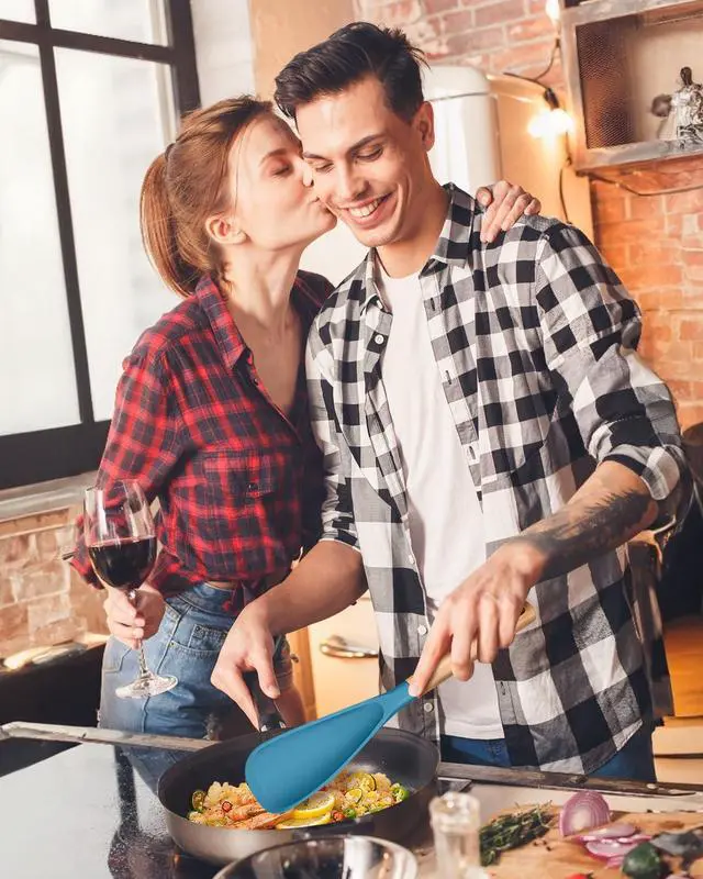 Alt view image 6 of 7 - Multifunction Spoon for Nonstick Cookwares, Great for Cooking and Serving, Sturdy BPA-Free Matte Silicone, Wood Handle spoonula for Mixing, Scoop, and Scrape, Turquoise(2 pack,11.4" & 13.4")
