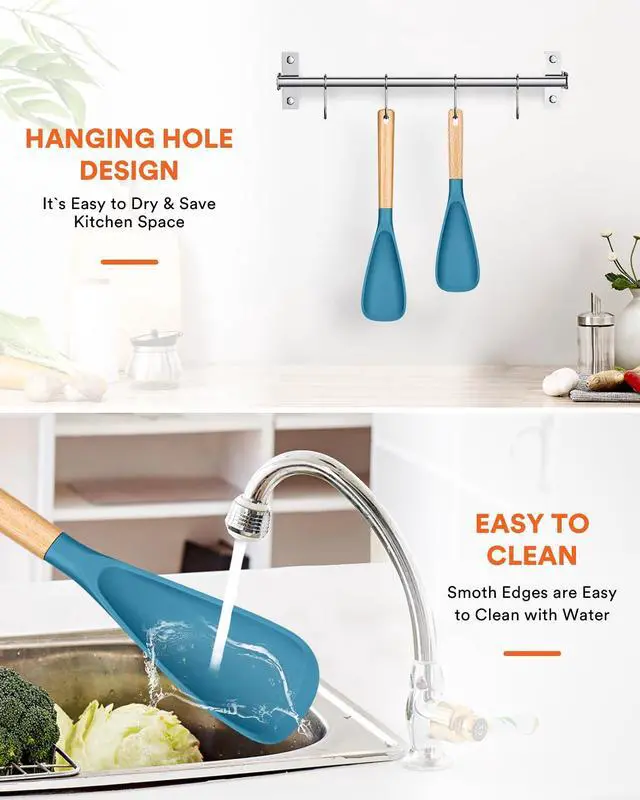 Alt view image 7 of 7 - Multifunction Spoon for Nonstick Cookwares, Great for Cooking and Serving, Sturdy BPA-Free Matte Silicone, Wood Handle spoonula for Mixing, Scoop, and Scrape, Turquoise(2 pack,11.4" & 13.4")