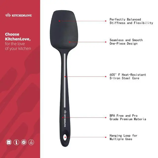 Alt view image 3 of 7 - Premium 600°F Heat Resistant 5 Piece Silicone Spatula Set for Baking, Cooking, Mixing - Non-Stick with High Grade S-Iron Steel Core - One Piece Seamless Design - BPA Free (Black)