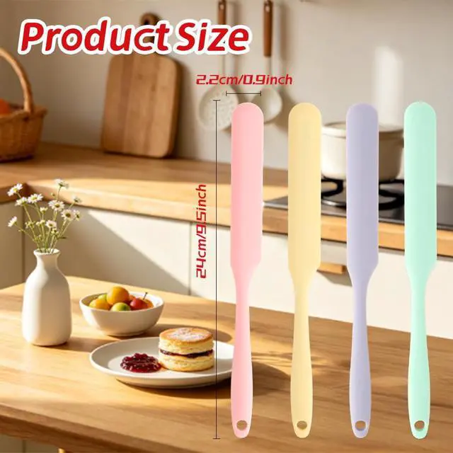 Alt view image 3 of 7 - 4 Pcs Silicone Jar Spatula, Long Handle Skinny Spatula Scraper for Jars & Bottles, Heat Resistant Small Spatulas Set for Kitchen Baking Sourdough Cake Makeup Essentials, Pink+Yellow+Light Green+Purple