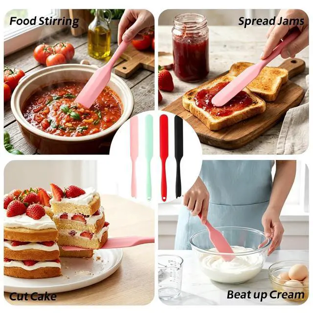 Alt view image 7 of 7 - 4 Pcs Silicone Jar Spatula, Long Handle Skinny Spatula Scraper for Jars & Bottles, Heat Resistant Small Spatulas Set for Kitchen Baking Sourdough Cake Makeup Essentials, Pink+Yellow+Light Green+Purple