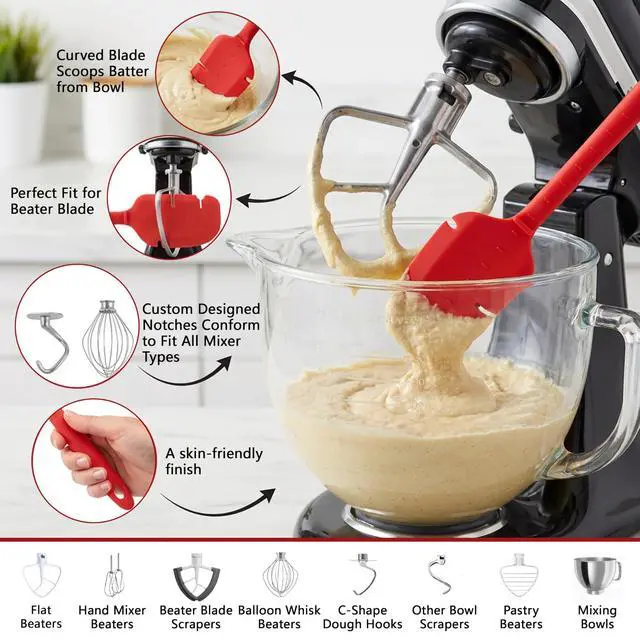 Alt view image 4 of 7 - Kitchen Aid Spatula 12-Inch Food Grade Silicone, Precision-Notched for Stand Mixer Beaters and Bowls, Kitchen Aid Accessories and Attachments - Set of 2 Red & Black