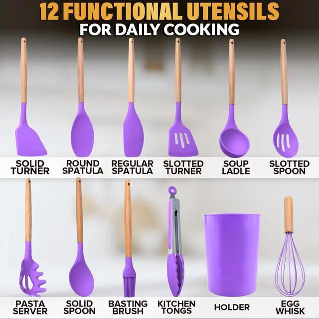Alt view image 2 of 7 - 12 Pcs Purple Kitchen Accessories Set with Holder, Silicone Heads