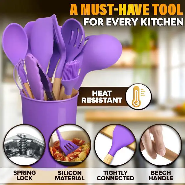 Alt view image 3 of 7 - 12 Pcs Purple Kitchen Accessories Set with Holder, Silicone Heads