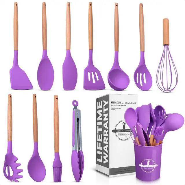 Main image of 12 Pcs Purple Kitchen Accessories Set with Holder, Silicone Heads