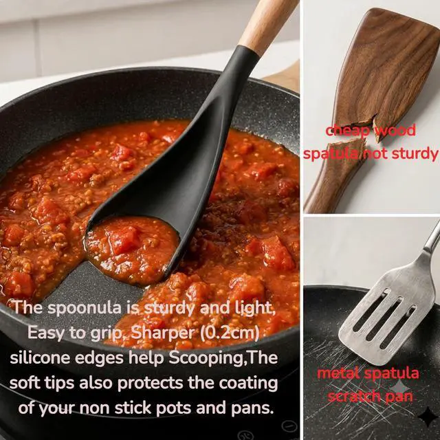 Alt view image 3 of 6 - Large Cooking Spoons for Serving. 11.2" Nonstick Silicone Spoonula with Wooden Handle, Heat Resistant Rubber Serving Spatula Spoon for Baking,Scooping and Scraping.