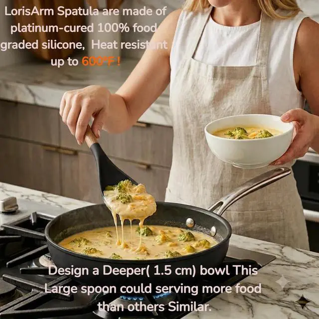 Alt view image 2 of 6 - Large Cooking Spoons for Serving. 11.2" Nonstick Silicone Spoonula with Wooden Handle, Heat Resistant Rubber Serving Spatula Spoon for Baking,Scooping and Scraping.