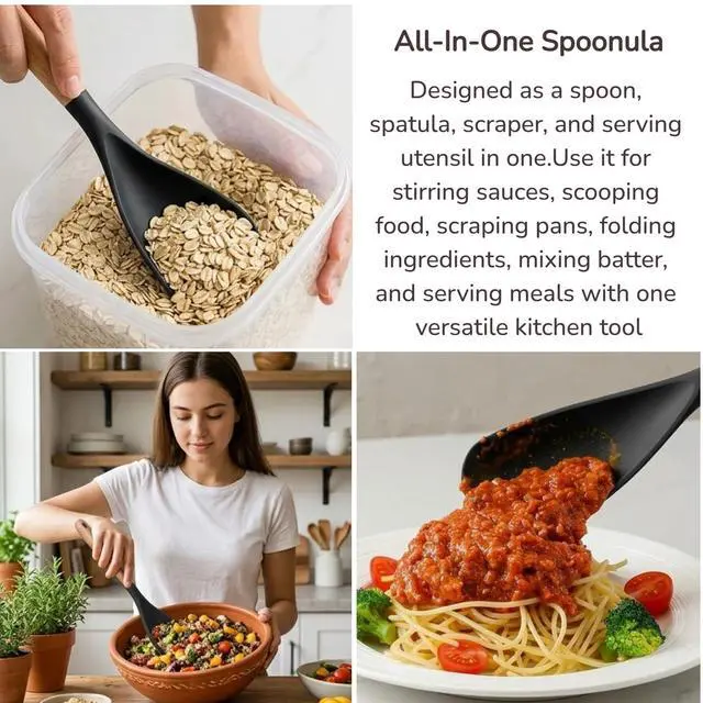 Alt view image 4 of 6 - Large Cooking Spoons for Serving. 11.2" Nonstick Silicone Spoonula with Wooden Handle, Heat Resistant Rubber Serving Spatula Spoon for Baking,Scooping and Scraping.