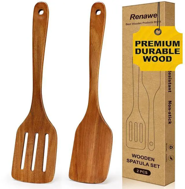 Main image of 2 PCS Acacia Wood Spatula for Cooking Utensil Set Baking Spatulas for Kitchen Use Accessories Flat Slotted Turner Non Toxic Olive Wooden Utensils Non Stick Bamboo Serving Spatula Long Wok Spatulas