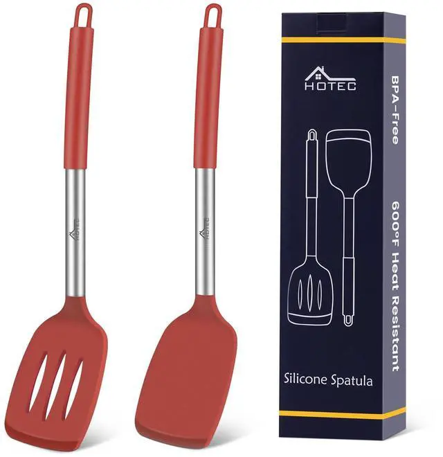 Main image of Silicone Spatula Set of 2 Heat-Resistant 600°F & BPA-Free Kitchen SaptulaTurner with Stainless Steel Handles, Slotted & Solid Spatulas for Nonstick Cookware, 13.7 Inch, Red