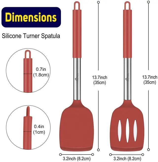 Alt view image 2 of 7 - Silicone Spatula Set of 2 Heat-Resistant 600°F & BPA-Free Kitchen SaptulaTurner with Stainless Steel Handles, Slotted & Solid Spatulas for Nonstick Cookware, 13.7 Inch, Red