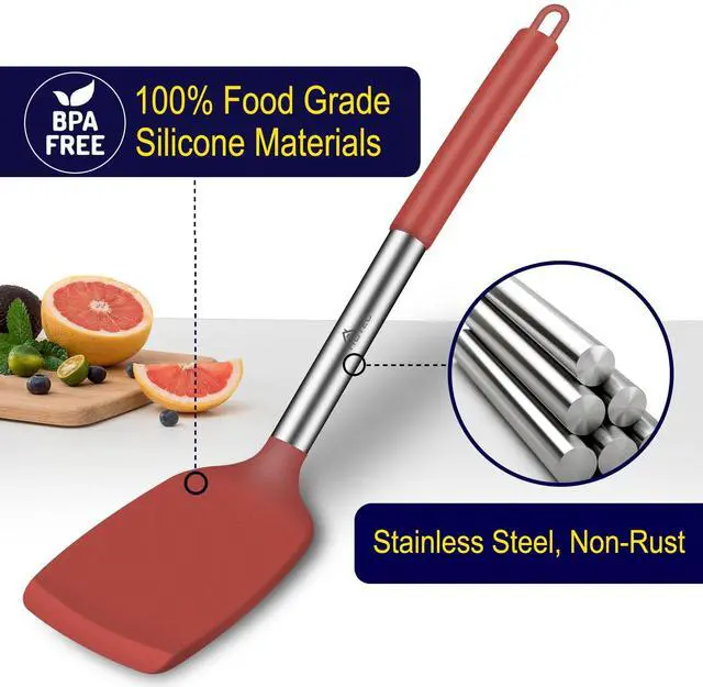 Alt view image 3 of 7 - Silicone Spatula Set of 2 Heat-Resistant 600°F & BPA-Free Kitchen SaptulaTurner with Stainless Steel Handles, Slotted & Solid Spatulas for Nonstick Cookware, 13.7 Inch, Red