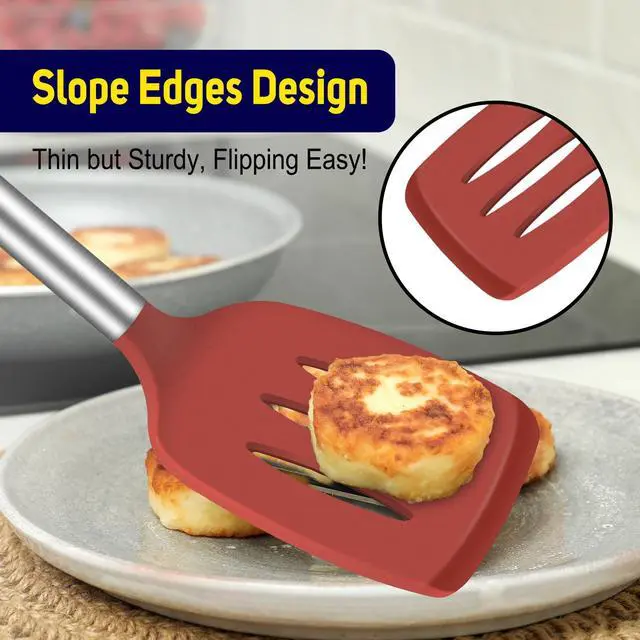 Alt view image 6 of 7 - Silicone Spatula Set of 2 Heat-Resistant 600°F & BPA-Free Kitchen SaptulaTurner with Stainless Steel Handles, Slotted & Solid Spatulas for Nonstick Cookware, 13.7 Inch, Red