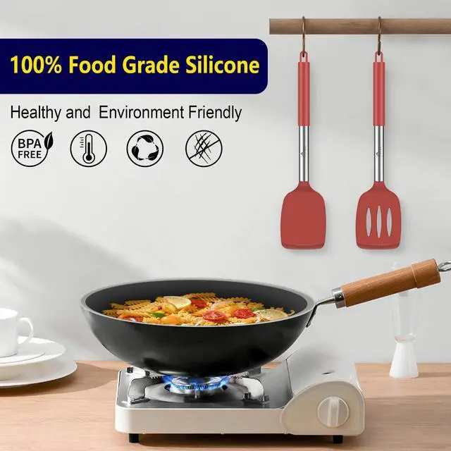 Alt view image 7 of 7 - Silicone Spatula Set of 2 Heat-Resistant 600°F & BPA-Free Kitchen SaptulaTurner with Stainless Steel Handles, Slotted & Solid Spatulas for Nonstick Cookware, 13.7 Inch, Red