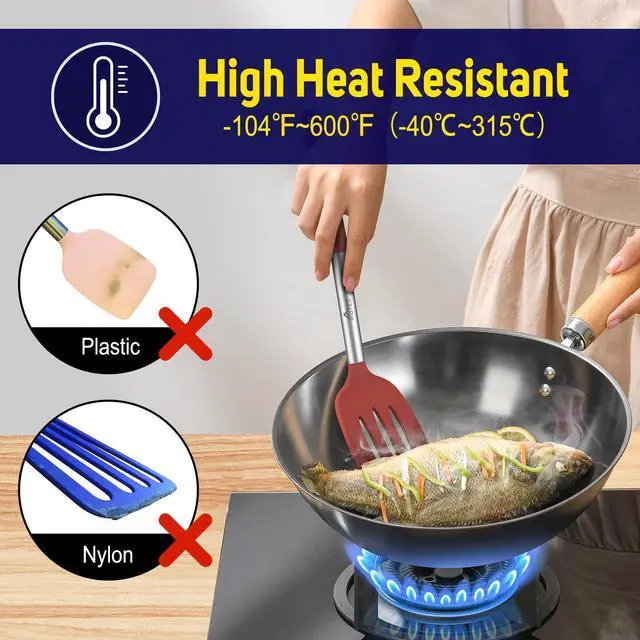 Alt view image 5 of 7 - Silicone Spatula Set of 2 Heat-Resistant 600°F & BPA-Free Kitchen SaptulaTurner with Stainless Steel Handles, Slotted & Solid Spatulas for Nonstick Cookware, 13.7 Inch, Red