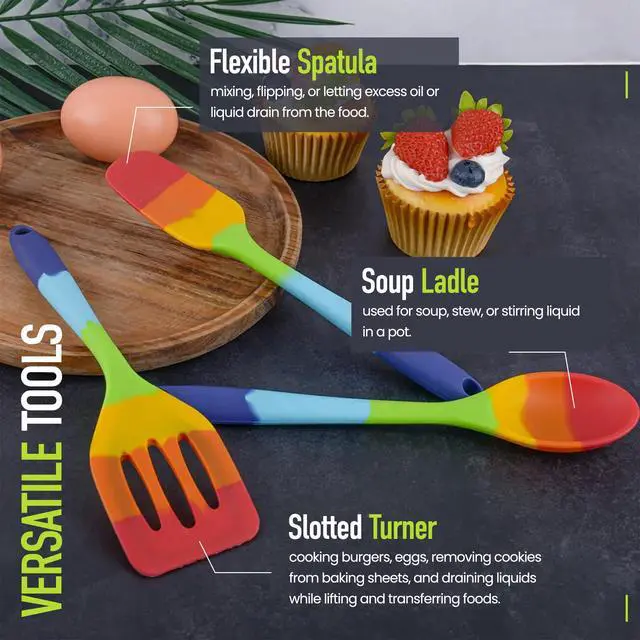 Alt view image 3 of 7 - 9-Piece Rainbow Silicone Spatula Set with Tongs Multicolor Heat-Resistant Cooking Utensils for Nonstick Cookware Flexible Turner, Spoon, Spatula, Brush, FDA Safe