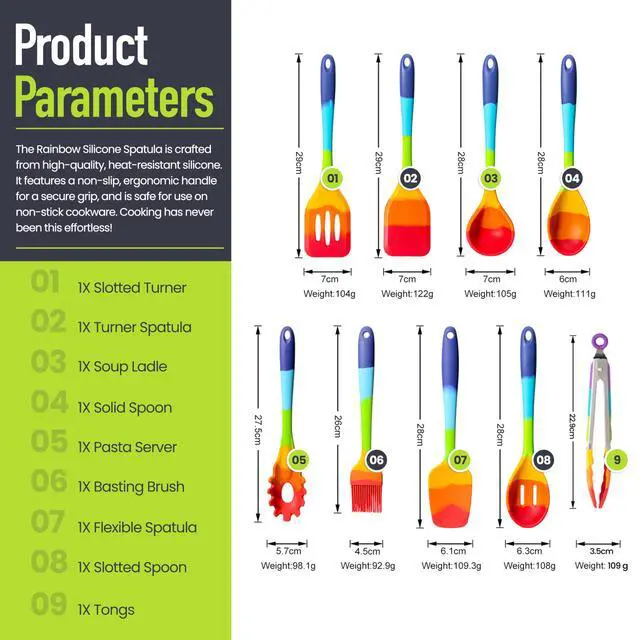 Alt view image 2 of 7 - 9-Piece Rainbow Silicone Spatula Set with Tongs Multicolor Heat-Resistant Cooking Utensils for Nonstick Cookware Flexible Turner, Spoon, Spatula, Brush, FDA Safe