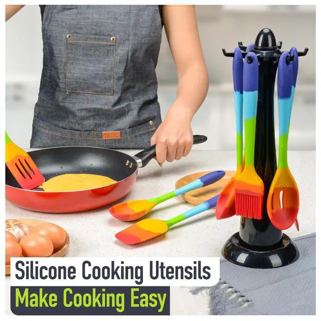 Alt view image 5 of 7 - 9-Piece Rainbow Silicone Spatula Set with Tongs Multicolor Heat-Resistant Cooking Utensils for Nonstick Cookware Flexible Turner, Spoon, Spatula, Brush, FDA Safe