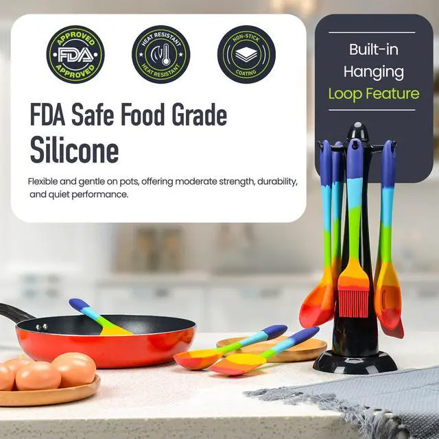 Alt view image 7 of 7 - 9-Piece Rainbow Silicone Spatula Set with Tongs Multicolor Heat-Resistant Cooking Utensils for Nonstick Cookware Flexible Turner, Spoon, Spatula, Brush, FDA Safe
