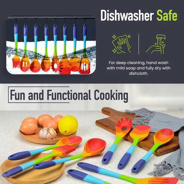 Alt view image 6 of 7 - 9-Piece Rainbow Silicone Spatula Set with Tongs Multicolor Heat-Resistant Cooking Utensils for Nonstick Cookware Flexible Turner, Spoon, Spatula, Brush, FDA Safe