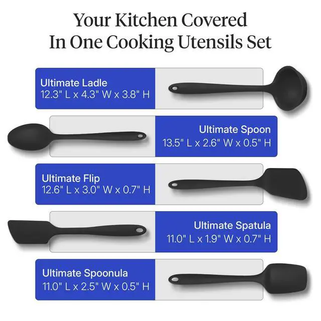 Alt view image 3 of 7 - Get It Right 5-Piece Silicone Ultimate Kitchen Utensils Set - Ladle, Spatula, Flip, Spoon & Spoonula - Non-Toxic Cooking Utensils for Nonstick Cookware, Cooking and Baking - Black