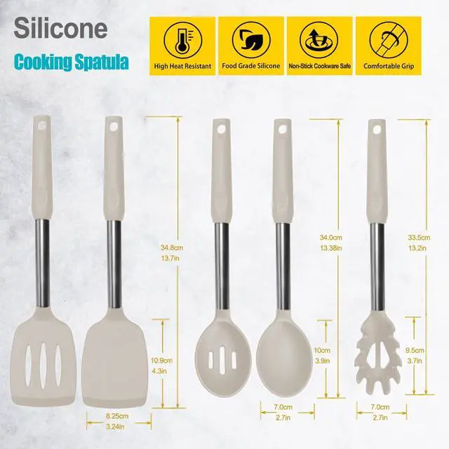 Alt view image 2 of 7 - Silicone Spatula and Cooking Spoon,5 Pack Non-Stick Cooking Utensils for KitchenHeat Resistant Solid & Slotted Spoons and Spatulas, Stainless Steel Handle Coated with Silicone, Khaki