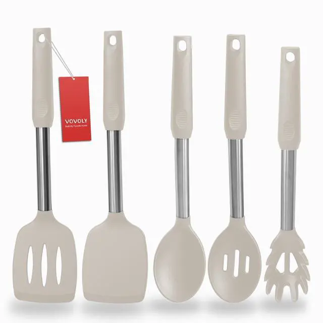 Main image of Silicone Spatula and Cooking Spoon,5 Pack Non-Stick Cooking Utensils for KitchenHeat Resistant Solid & Slotted Spoons and Spatulas, Stainless Steel Handle Coated with Silicone, Khaki