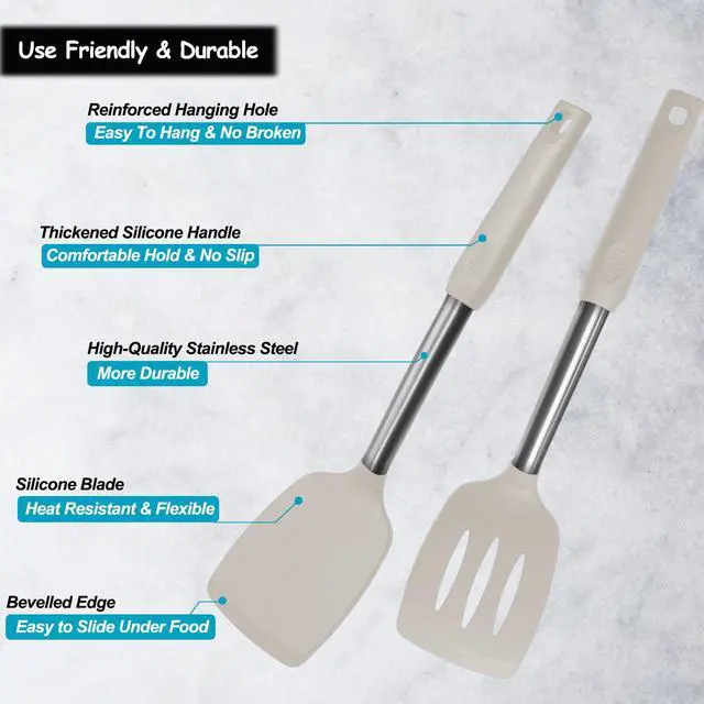 Alt view image 3 of 7 - Silicone Spatula and Cooking Spoon,5 Pack Non-Stick Cooking Utensils for KitchenHeat Resistant Solid & Slotted Spoons and Spatulas, Stainless Steel Handle Coated with Silicone, Khaki