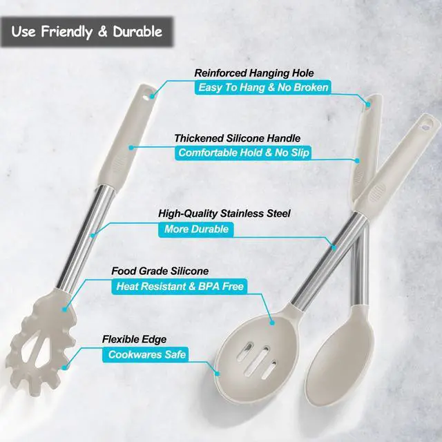 Alt view image 4 of 7 - Silicone Spatula and Cooking Spoon,5 Pack Non-Stick Cooking Utensils for KitchenHeat Resistant Solid & Slotted Spoons and Spatulas, Stainless Steel Handle Coated with Silicone, Khaki