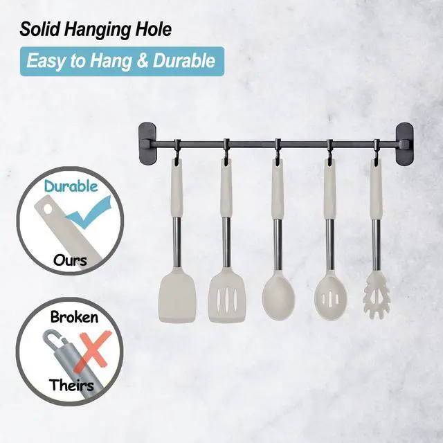 Alt view image 5 of 7 - Silicone Spatula and Cooking Spoon,5 Pack Non-Stick Cooking Utensils for KitchenHeat Resistant Solid & Slotted Spoons and Spatulas, Stainless Steel Handle Coated with Silicone, Khaki