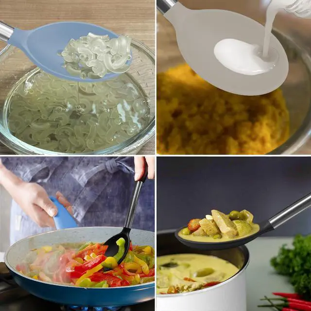 Alt view image 7 of 7 - Silicone Spatula and Cooking Spoon,5 Pack Non-Stick Cooking Utensils for KitchenHeat Resistant Solid & Slotted Spoons and Spatulas, Stainless Steel Handle Coated with Silicone, Khaki