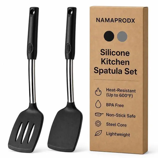 Main image of Silicone Spatula Set (2-Pc) - 600°F Heat Resistant, BPA-Free, Non-Scratch, Dishwasher Safe I Slotted & Solid Kitchen Spatula Turner I Ideal for Eggs, Pancakes, Fish I Stainless Steel I Black