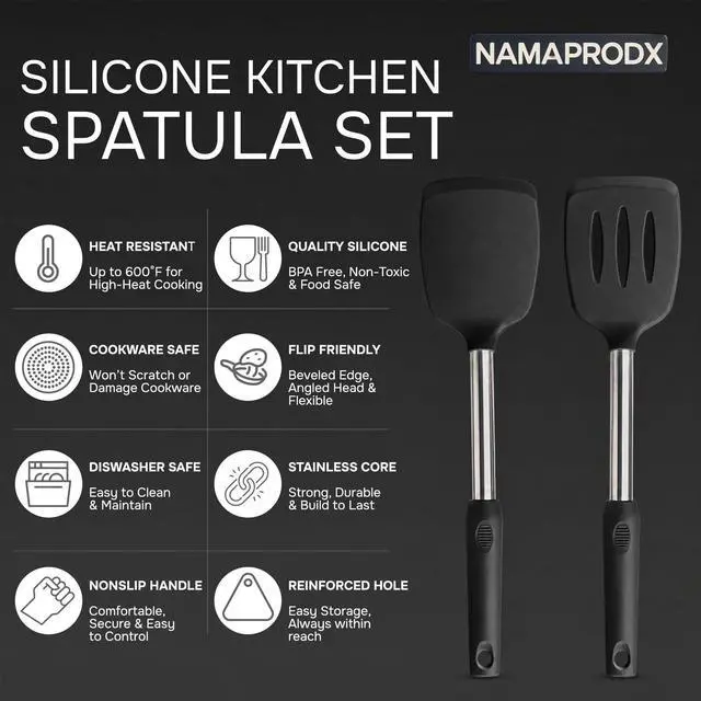 Alt view image 2 of 7 - Silicone Spatula Set (2-Pc) - 600°F Heat Resistant, BPA-Free, Non-Scratch, Dishwasher Safe I Slotted & Solid Kitchen Spatula Turner I Ideal for Eggs, Pancakes, Fish I Stainless Steel I Black