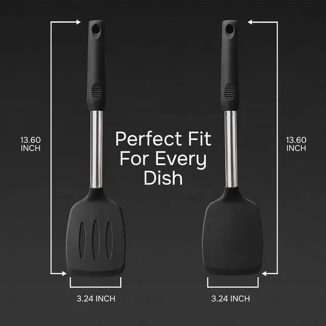 Alt view image 3 of 7 - Silicone Spatula Set (2-Pc) - 600°F Heat Resistant, BPA-Free, Non-Scratch, Dishwasher Safe I Slotted & Solid Kitchen Spatula Turner I Ideal for Eggs, Pancakes, Fish I Stainless Steel I Black