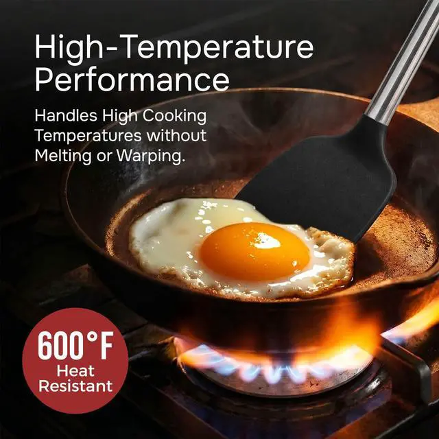 Alt view image 5 of 7 - Silicone Spatula Set (2-Pc) - 600°F Heat Resistant, BPA-Free, Non-Scratch, Dishwasher Safe I Slotted & Solid Kitchen Spatula Turner I Ideal for Eggs, Pancakes, Fish I Stainless Steel I Black