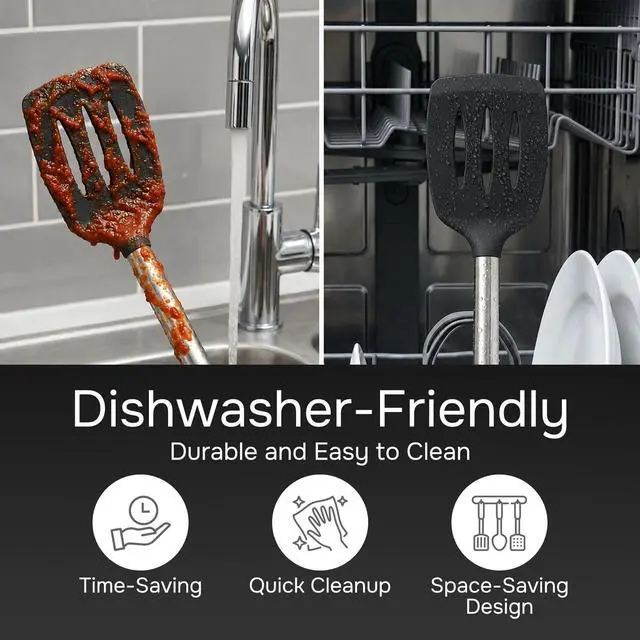 Alt view image 6 of 7 - Silicone Spatula Set (2-Pc) - 600°F Heat Resistant, BPA-Free, Non-Scratch, Dishwasher Safe I Slotted & Solid Kitchen Spatula Turner I Ideal for Eggs, Pancakes, Fish I Stainless Steel I Black