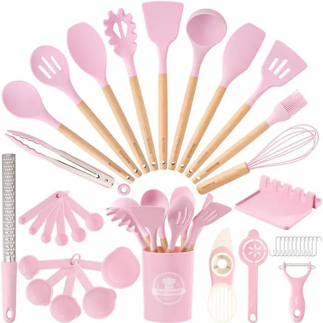 Main image of Kitchen Utensils set, 39 PCS Silicone Cooking Utensils Set with Wooden Handle, 446°F Heat Resistant Food Grade Utensil Sets, BPA Free Kitchen Gadgets Tools Set for Nonstick Cookware (Pink)