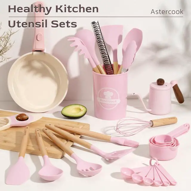 Alt view image 2 of 7 - Kitchen Utensils set, 39 PCS Silicone Cooking Utensils Set with Wooden Handle, 446°F Heat Resistant Food Grade Utensil Sets, BPA Free Kitchen Gadgets Tools Set for Nonstick Cookware (Pink)