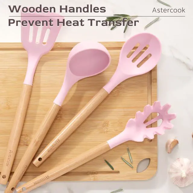 Alt view image 4 of 7 - Kitchen Utensils set, 39 PCS Silicone Cooking Utensils Set with Wooden Handle, 446°F Heat Resistant Food Grade Utensil Sets, BPA Free Kitchen Gadgets Tools Set for Nonstick Cookware (Pink)