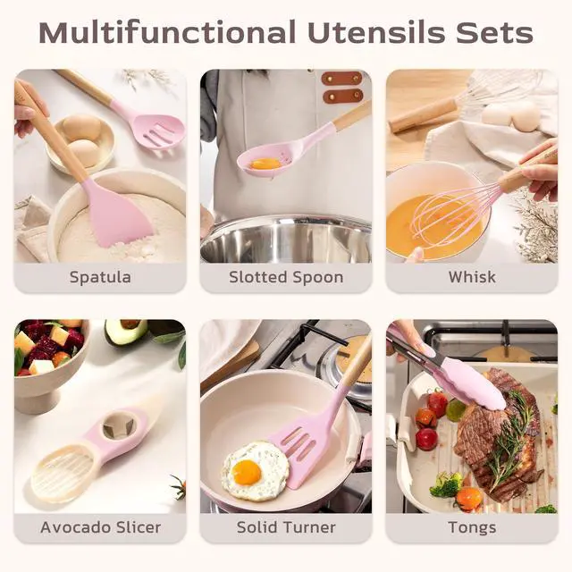 Alt view image 5 of 7 - Kitchen Utensils set, 39 PCS Silicone Cooking Utensils Set with Wooden Handle, 446°F Heat Resistant Food Grade Utensil Sets, BPA Free Kitchen Gadgets Tools Set for Nonstick Cookware (Pink)