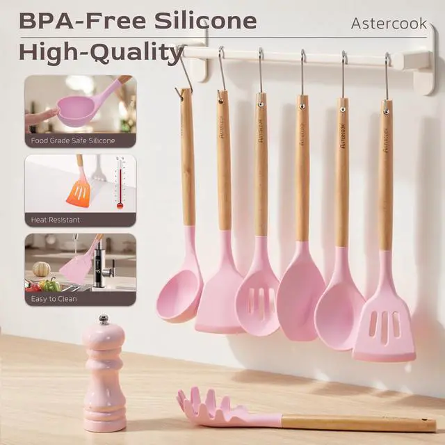 Alt view image 7 of 7 - Kitchen Utensils set, 39 PCS Silicone Cooking Utensils Set with Wooden Handle, 446°F Heat Resistant Food Grade Utensil Sets, BPA Free Kitchen Gadgets Tools Set for Nonstick Cookware (Pink)